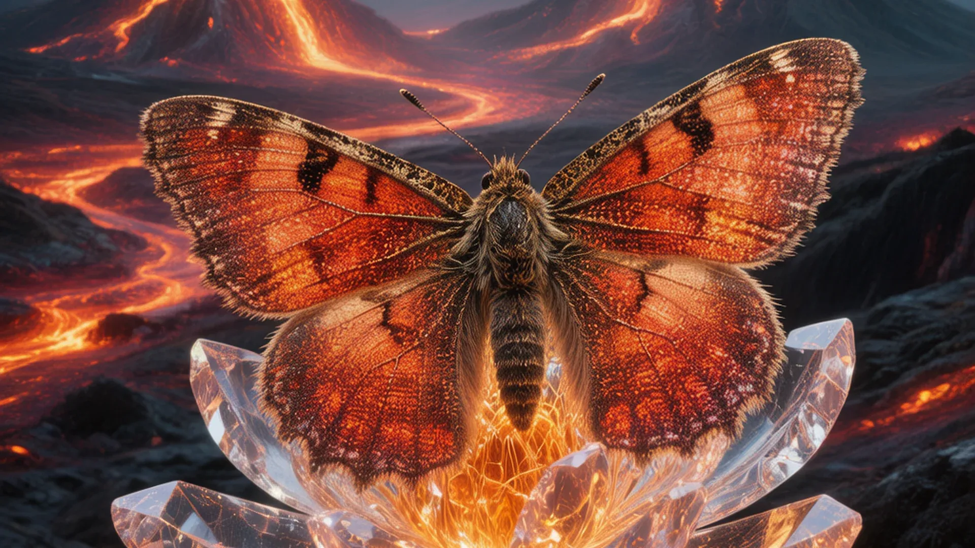 一只翼展巨大的灰烬蛾停在半透明的焰晶花朵上，翅膀呈现火焰般的红橙色光泽，背景是流淌的岩浆河和远处冒着硫磺烟雾的山峰，光线温暖而神秘