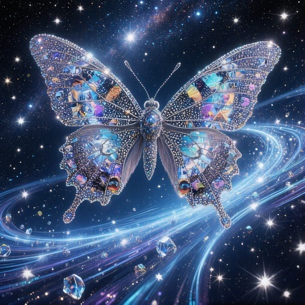 织梦蛾展开蓝色翅膀在星空下飞舞，翅膀上的鳞片反射着梦境碎片