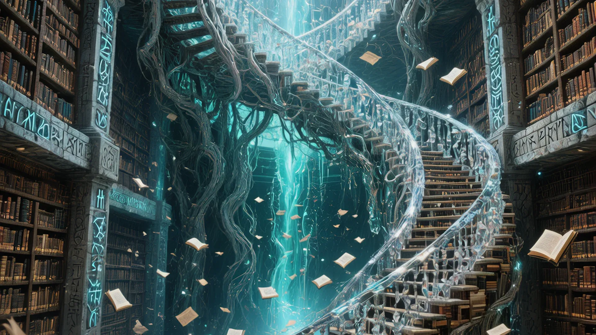 一座倒悬在巨大垂直裂隙中的图书馆，螺旋形书架走廊从上方延伸到深渊底部，数不清的书页在裂隙风中翻动发出微光，两侧石壁上刻满了古老的符文，整体氛围庄严而神秘