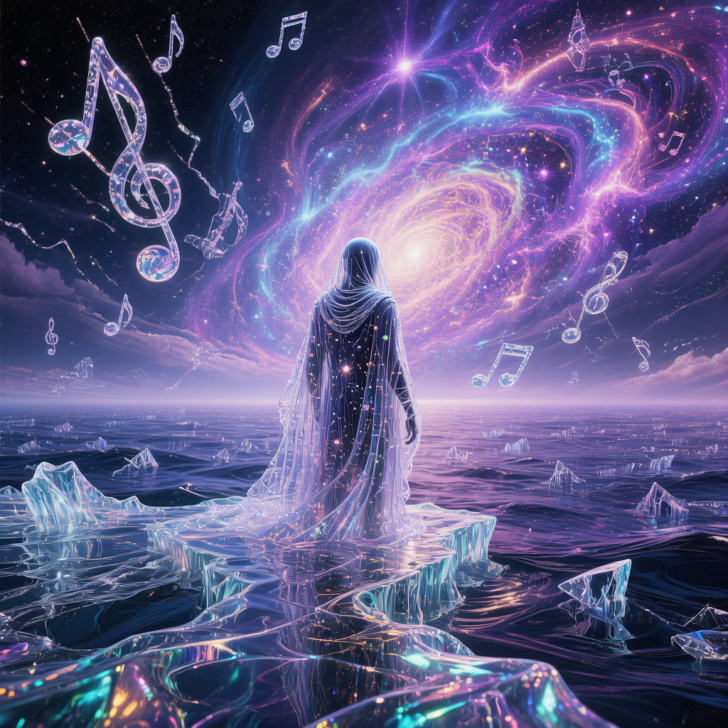 回声海的永恒黄昏，一位降临者站在半透明的未来岸边，凝视着由不存在编织的曲子