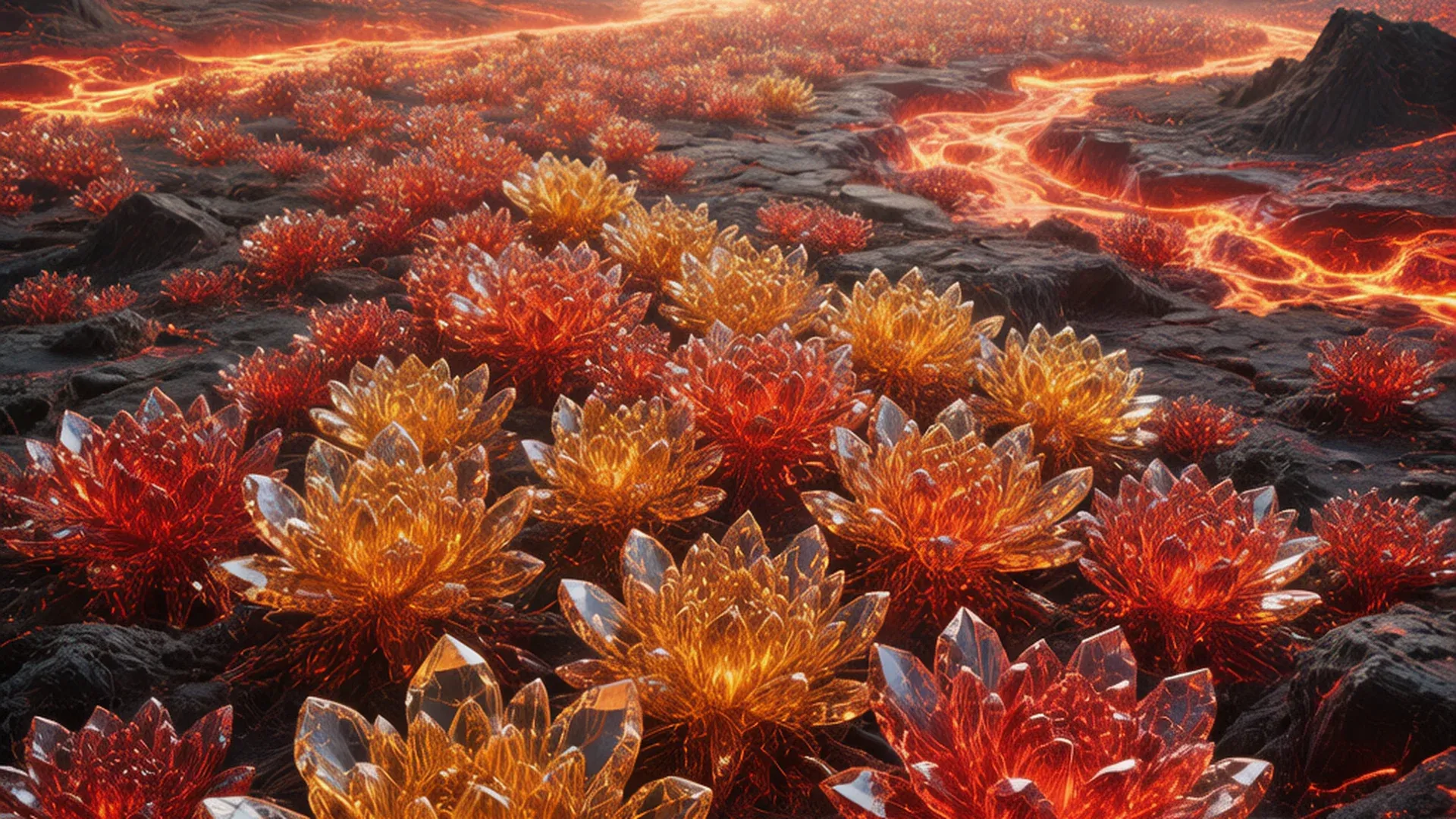 一片广阔的熔岩花海全景，暗红色与橙金色的矿物晶体花朵密布在大地上，地下岩浆河流发出柔和的红光映照着花瓣半透明的质感，远处有薄雾笼罩的山脊线，画面壮美而神秘