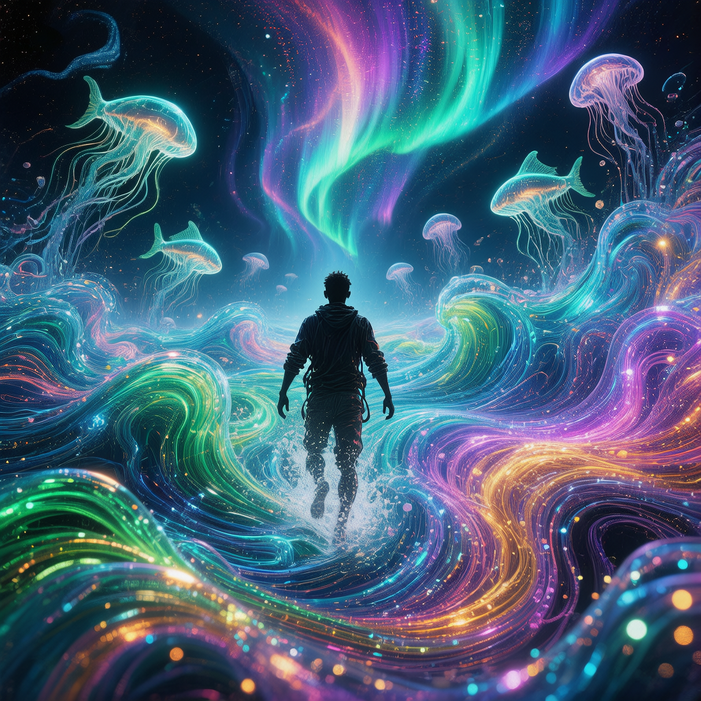 极光之海中漂浮的探险者与流动的光能波涛