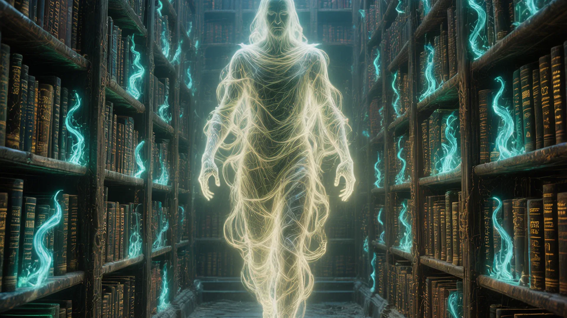 在黑暗的书架走廊中，一团淡金色的光雾凝聚成人形轮廓，周围是高耸的古老书架，书脊上隐约可见发光的文字，氛围宁静而神秘，如同知识的守护者正在巡视