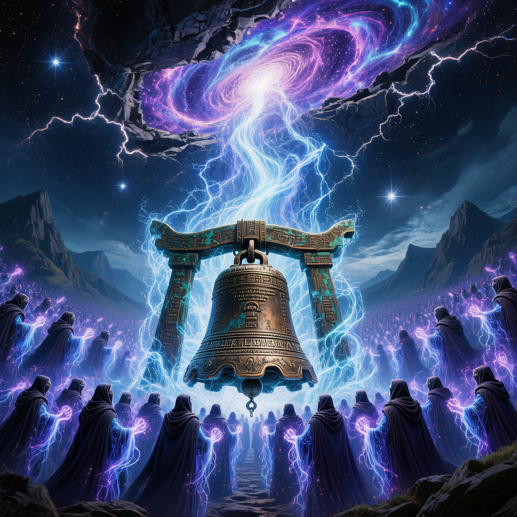 守誓者们在晨钟下以蓝紫色能量化作光流涌入维度裂缝的壮观场景