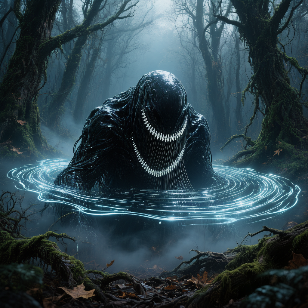 影喉兽潜伏于黑暗森林中，喉腔散发微光