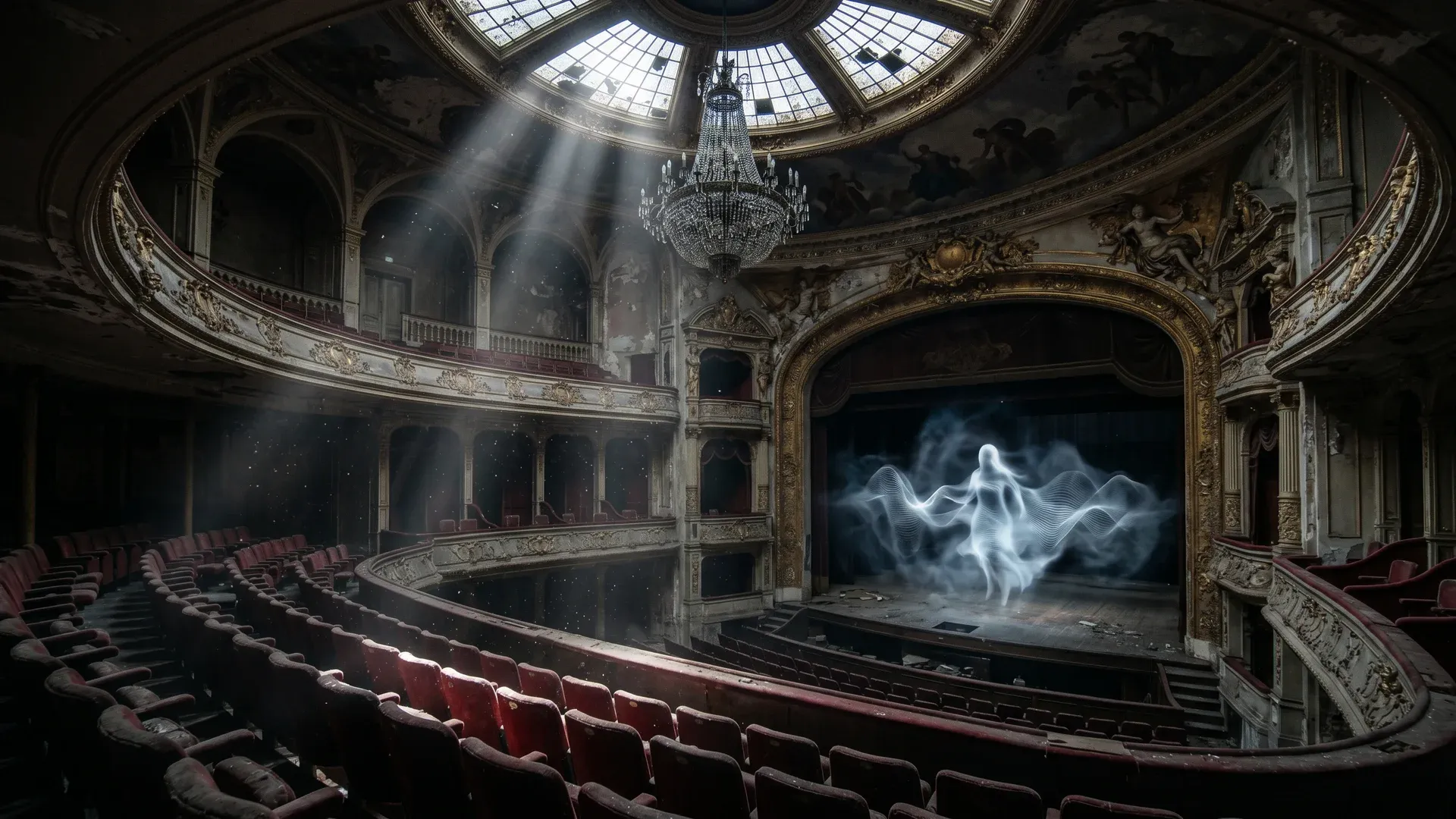 回声兽的具象化形态——声波在古老剧场中凝聚成一个半透明的轮廓
