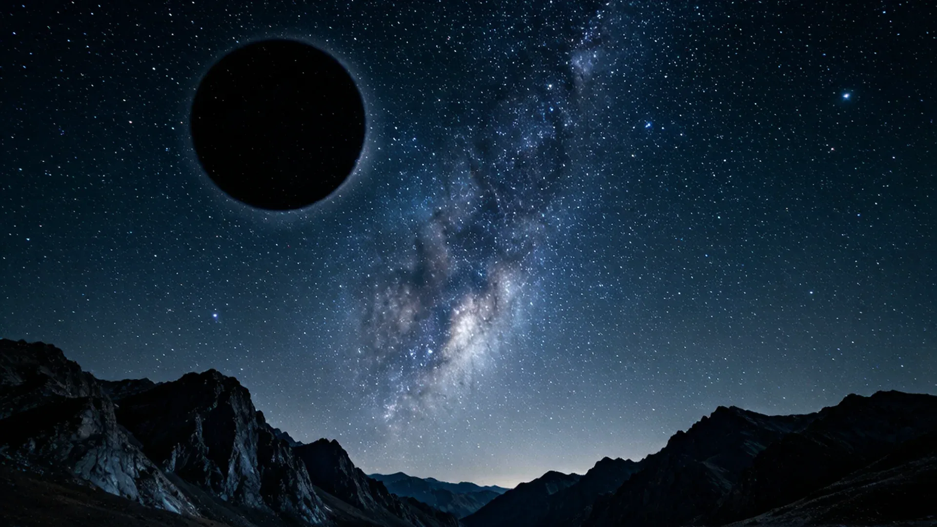 异星山脉上空原始而深邃的夜空，无数璀璨的星辰和明亮的银河横跨天际，但在天空左上角有一个奇怪的圆形虚空——一个完美的圆形区域内没有任何星光，仿佛有什么巨大而完全黑暗的天体正在遮挡它背后的星光，边缘隐约可见极其微弱的衍射环