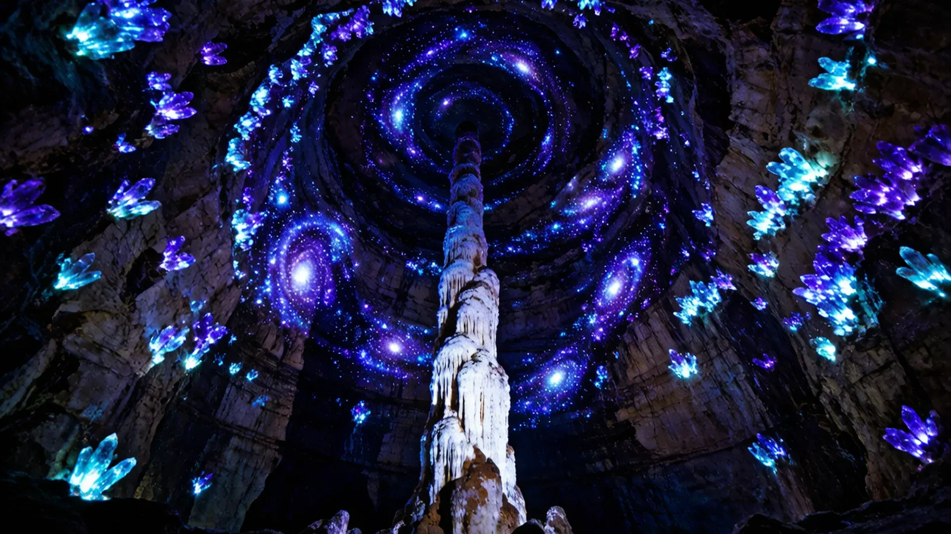 巨大的地下天坑中，岩壁上镶嵌着密密麻麻的发光晶体，宛如星河倒悬，紫色的光芒从洞底升起，照亮了整个穹顶状的岩壁，空气中弥漫着淡淡的荧光雾气