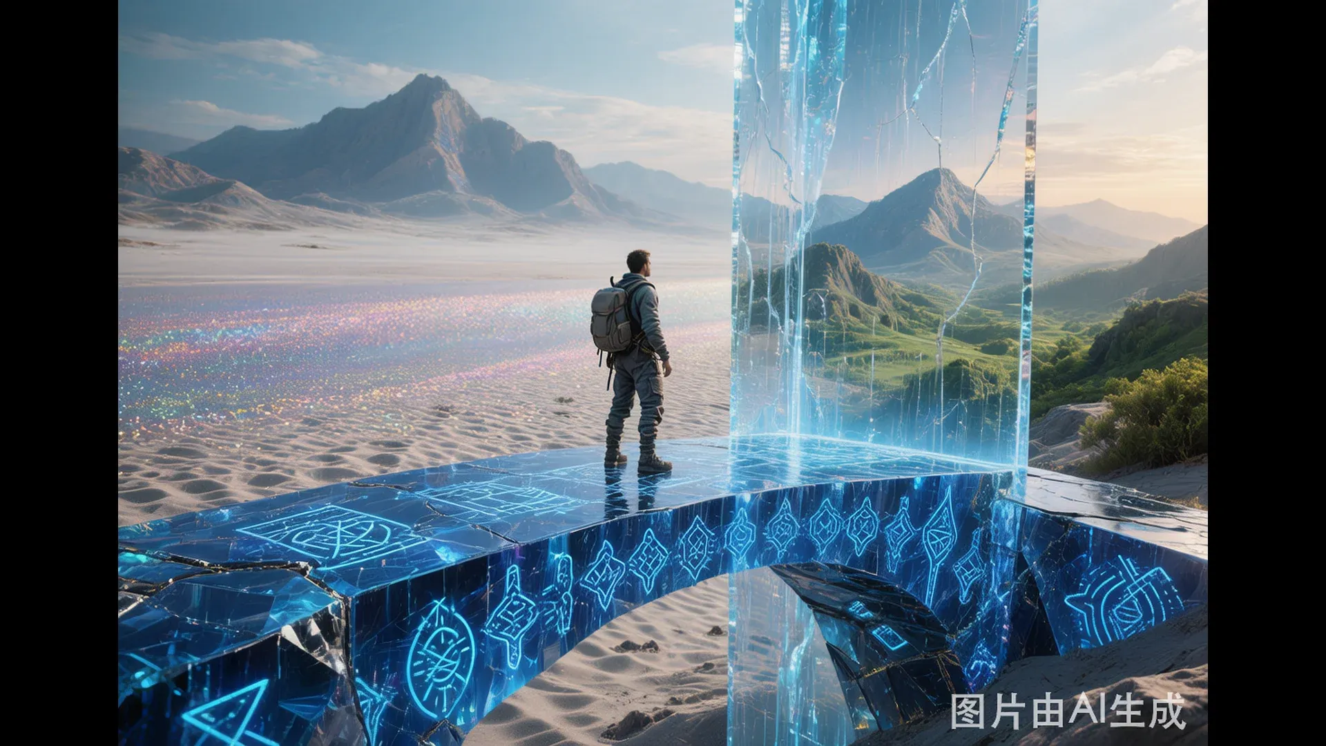 悬浮在维度交界处的星弦桥残骸，深蓝色弧形结构上的符文纹路缓慢呼吸般明灭