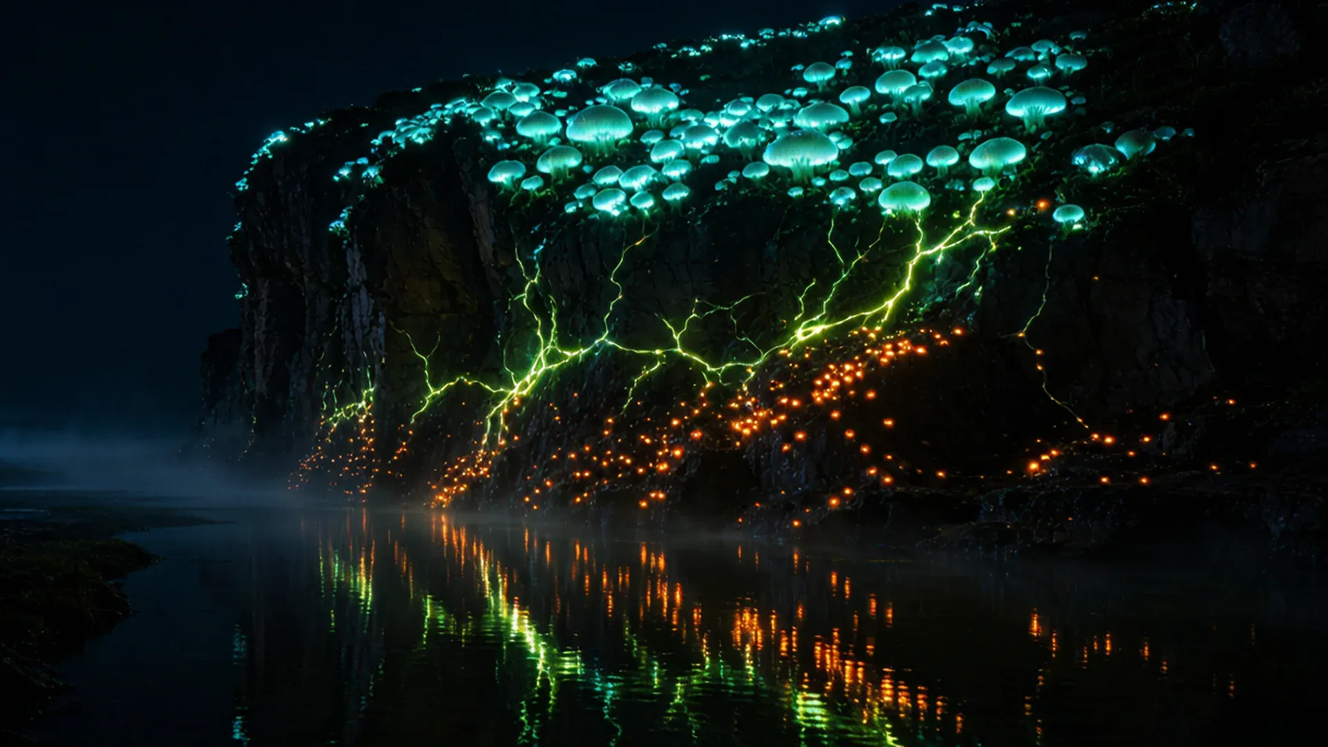 悬光崖夜间全景:长达三公里的断崖壁面在黑夜中从上到下亮起数千个大小不一的荧光斑点,从崖顶到水面层层叠叠,最大斑点直径约半米发出柔和的蓝绿色冷光,水道中倒映着崖壁的荧光,整条峡谷如同一条被天灯照亮的水上通道