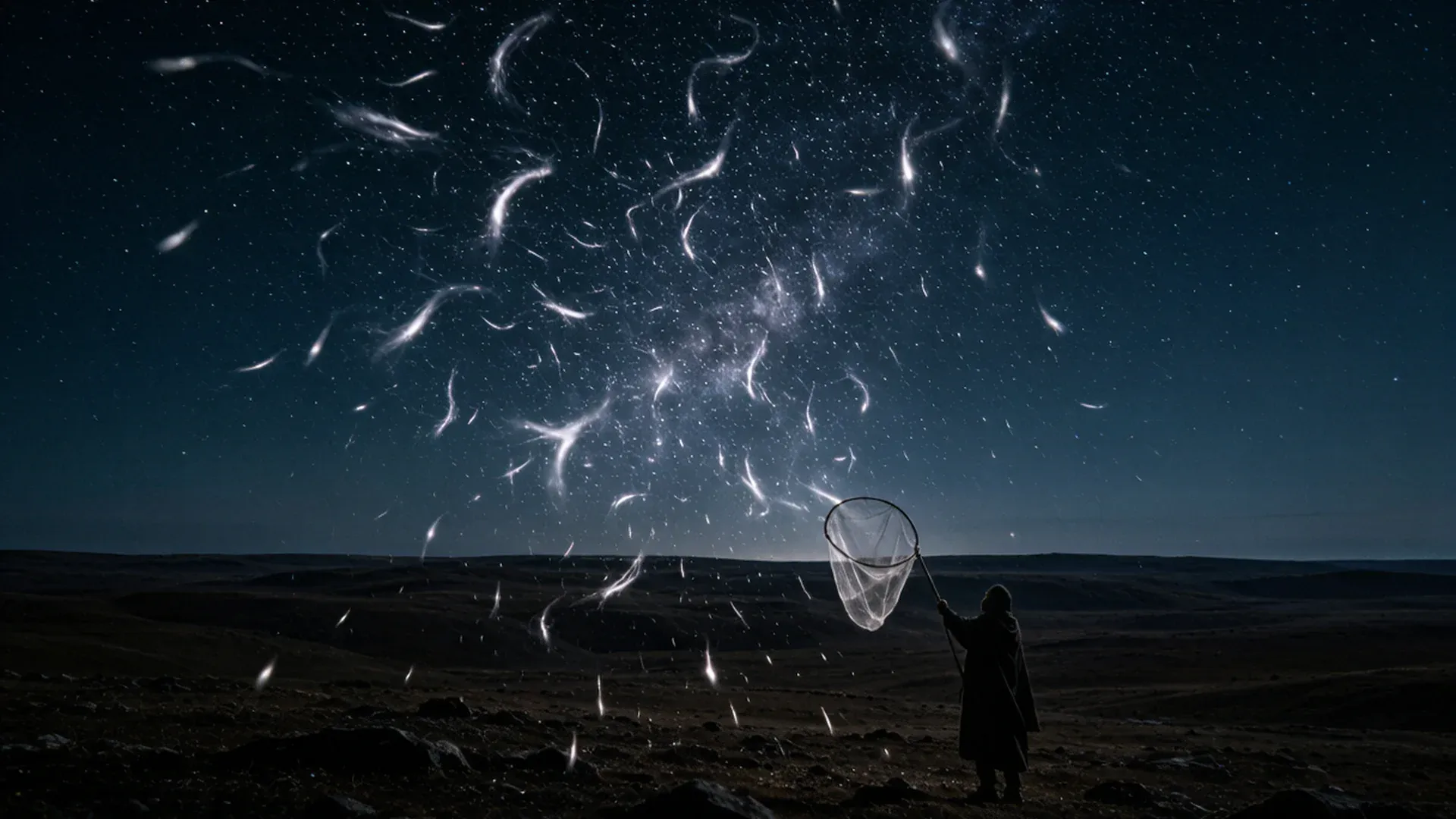 北境高原的黑夜,一片开阔荒原上缓缓飘落着无数柔光般的星絮,像发光的雪,远处一个披斗篷的采集者举着细网仰头承接,天际是低垂的密星