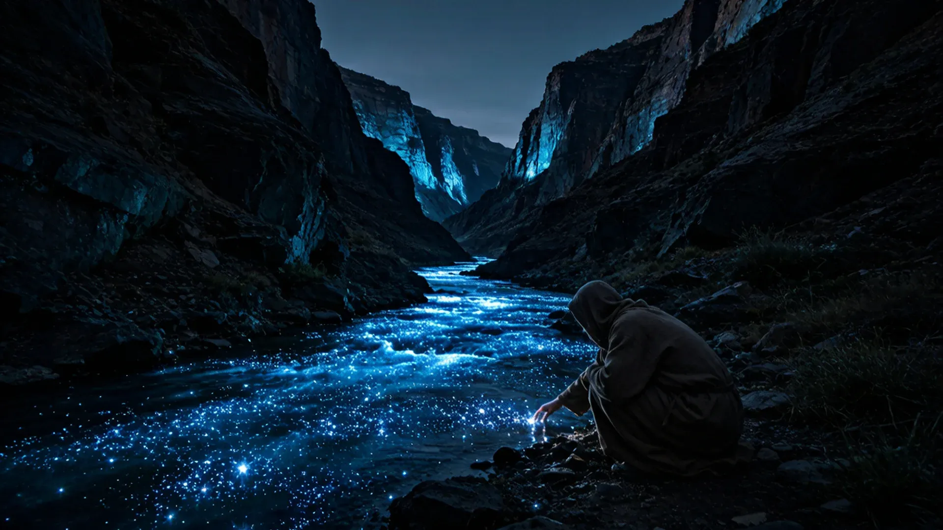 黎明前的星落峡谷底,一道横贯谷底的发光坠星河静静流淌,河面浮着无数细小的青白色光点,一名披素袍的孤独人影蹲在河畔,伸手轻触河面光点,远处峡谷岩壁泛着冷蓝磷光,自然写实纪录片质感,清冷而温柔