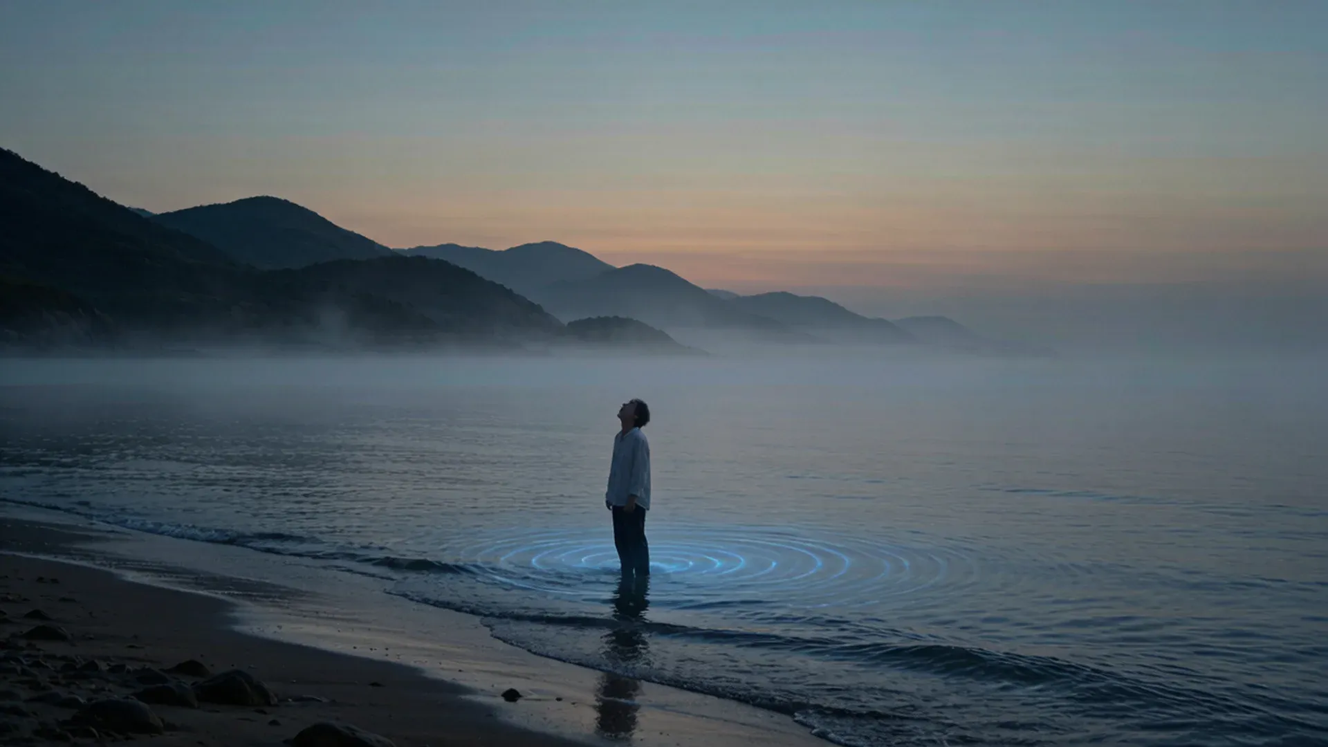 黄昏里一片被群山环抱的幽静海湾,水面凝着薄银色的雾,一名旅人站在浅滩边张口似在呼喊,声波化作淡蓝的涟漪刚触到海面便被无声吞没,四周极静,远处山影低垂,自然写实纪录片质感,空灵、辽阔、带着被听懂的渴望与温柔的落空